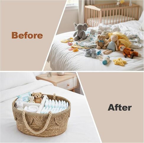 Lawei Little Diaper Caddy Organizer, Handwoven Natural Rush Grass Nursery Baby Basket with Removable Cotton Divider, Portable Rattan Diaper Storage Basket Bin for Changing Table, Baby Shower Gifts in Saudi Arabia