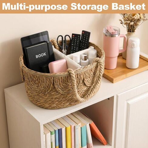 Lawei Little Diaper Caddy Organizer, Handwoven Natural Rush Grass Nursery Baby Basket with Removable Cotton Divider, Portable Rattan Diaper Storage Basket Bin for Changing Table, Baby Shower Gifts in Saudi Arabia