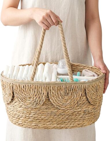 Lawei Little Diaper Caddy Organizer, Handwoven Natural Rush Grass Nursery Baby Basket with Removable Cotton Divider, Portable Rattan Diaper Storage Basket Bin for Changing Table, Baby Shower Gifts in Saudi Arabia