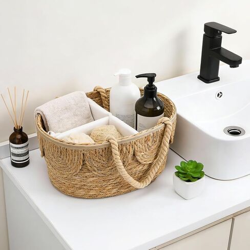 Lawei Little Diaper Caddy Organizer, Handwoven Natural Rush Grass Nursery Baby Basket with Removable Cotton Divider, Portable Rattan Diaper Storage Basket Bin for Changing Table, Baby Shower Gifts in Saudi Arabia