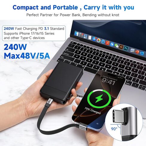 Right Angle Short Flat USB C Cable 0.6Feet, Middle 90 Degree USB Type C USB 4.0 Data Cable, PD 3.1 240W Type C Fast Charging,40Gbps,8K@60Hz, Thunderbolt 4/3 Compatible for iPhone 17/16 Series, MacBook in Kuwait
