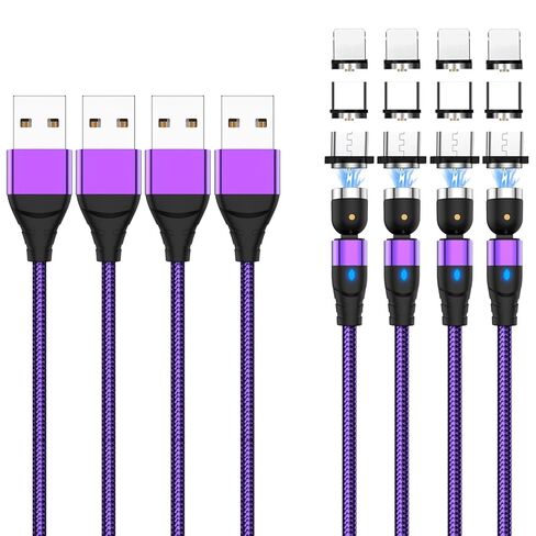 كابل شحن مغناطيسي [4 عبوات 3/6/6/10 قدم] شاحن هاتف مغناطيسي 3 في 1 كابل USB يدور 360 درجة و180 درجة مع شاحن مغناطيسي بإضاءة LED لجهاز الهاتف Micro USB من النوع C، أسلاك مضفرة من النايلون in Saudi Arabia
