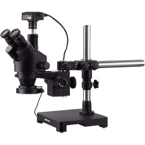 AmScope 3.5X-90X Black Trinocular Stereo Zoom Microscope on Single Arm Boom Stand + 144 LED Compact Ring-Light with 10MP USB3.0 Camera in Saudi Arabia