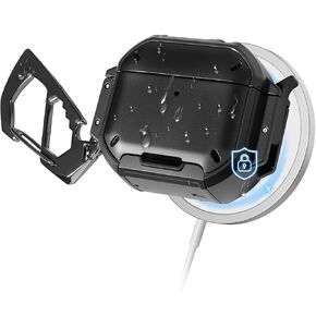 حافظة AirPods Pro 3 مع قفل وحلقة تسلق، [حماية من الدرجة العسكرية] [IP68 مقاومة للماء] [يدعم الشحن اللاسلكي] غطاء صلب مضاد للخدش لجهاز AirPods Pro الجيل الثالث، أسود in Kuwait