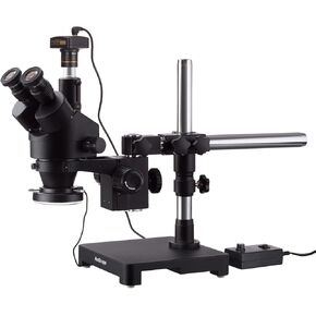 AmScope 7X-135X مجهر تكبير ستيريو ثلاثي العينيات أسود على حامل بذراع واحد + 144 مصباح حلقة LED مع كاميرا USB2.0 5 ميجابكسل in Kuwait