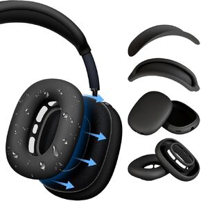 غطاء حافظة من السيليكون لجهاز AirPods Max، أغطية وسادات أذن بتصميم معزز لوسائد سماعات AirPods Max، حافظة أكواب الأذن، مجموعة لف عصابة الرأس، حماية كاملة من العرق لسماعات الأذن، أسود [4 في 1] in Kuwait