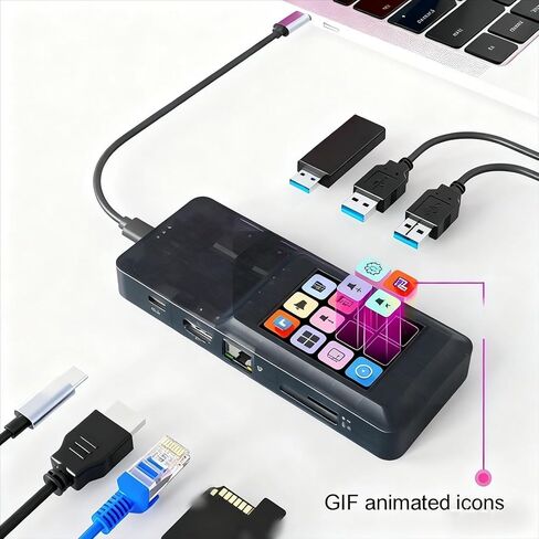 محول USB C Hub متعدد المنافذ، شاشة LCD تعمل باللمس مع 8 واجهات PD 100W HDTV 3840x2160 RJ45 بطاقة ذاكرة TF USB3.0، لأجهزة الكمبيوتر المحمول in Kuwait