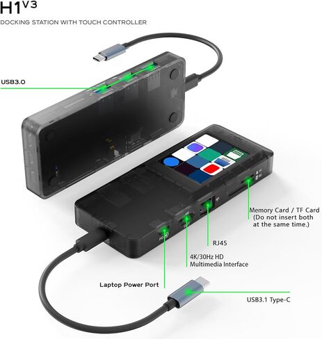 محول USB C Hub متعدد المنافذ، شاشة LCD تعمل باللمس مع 8 واجهات PD 100W HDTV 3840x2160 RJ45 بطاقة ذاكرة TF USB3.0، لأجهزة الكمبيوتر المحمول in Kuwait