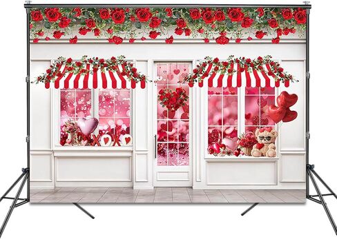 Valentines Photography Backdrop 7x5ft Valentines Shop Red Rose White Wall Photo Background Flowers Shop Wedding Bridal Shower Banner Photo Booth Props in Saudi Arabia