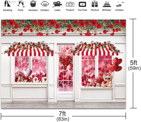 Valentines Photography Backdrop 7x5ft Valentines Shop Red Rose White Wall Photo Background Flowers Shop Wedding Bridal Shower Banner Photo Booth Props in Saudi Arabia