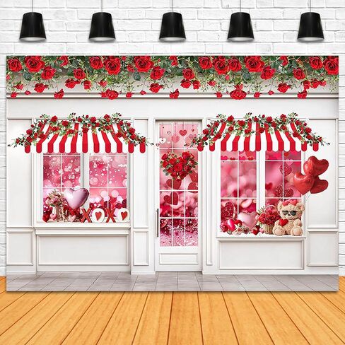 Valentines Photography Backdrop 7x5ft Valentines Shop Red Rose White Wall Photo Background Flowers Shop Wedding Bridal Shower Banner Photo Booth Props in Saudi Arabia