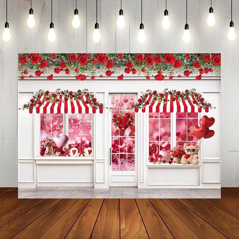 Valentines Photography Backdrop 7x5ft Valentines Shop Red Rose White Wall Photo Background Flowers Shop Wedding Bridal Shower Banner Photo Booth Props in Saudi Arabia