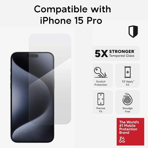 ZAGG InvisibleShield Glass Elite Screen Protector for iPhone 15 Pro - 5X Stronger Tempered Glass, Scratch & Impact Protection, Smudge-Resistant, Easy to Install - Clear in Saudi Arabia