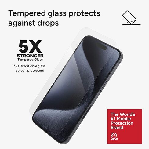 ZAGG InvisibleShield Glass Elite Screen Protector for iPhone 15 Pro - 5X Stronger Tempered Glass, Scratch & Impact Protection, Smudge-Resistant, Easy to Install - Clear in Saudi Arabia