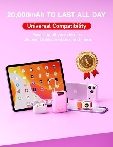 M2 Portable Charger, 20000mAh Power Bank, PD 35W Ultra Fast USB-C Built-in Cable, Compact Cute Mini External Battery Pack for iPhone, Samsung, Android iPad (Pink) in Saudi Arabia
