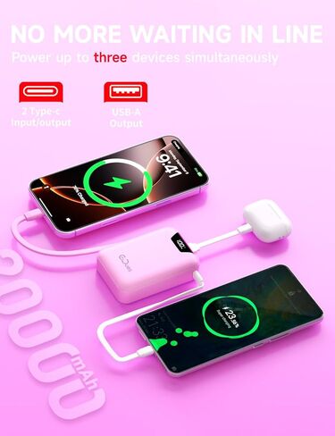 M2 Portable Charger, 20000mAh Power Bank, PD 35W Ultra Fast USB-C Built-in Cable, Compact Cute Mini External Battery Pack for iPhone, Samsung, Android iPad (Pink) in Saudi Arabia