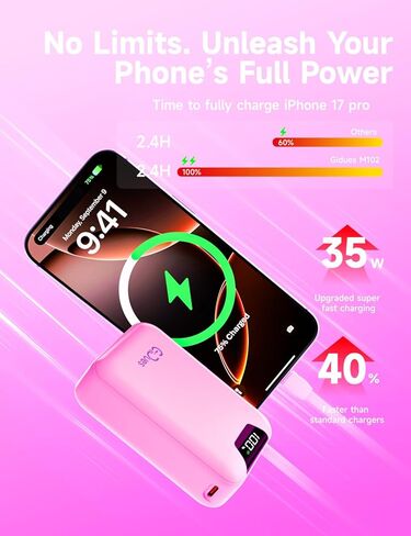 M2 Portable Charger, 20000mAh Power Bank, PD 35W Ultra Fast USB-C Built-in Cable, Compact Cute Mini External Battery Pack for iPhone, Samsung, Android iPad (Pink) in Saudi Arabia