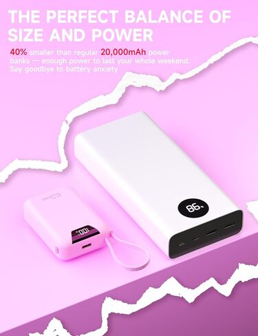 M2 Portable Charger, 20000mAh Power Bank, PD 35W Ultra Fast USB-C Built-in Cable, Compact Cute Mini External Battery Pack for iPhone, Samsung, Android iPad (Pink) in Saudi Arabia