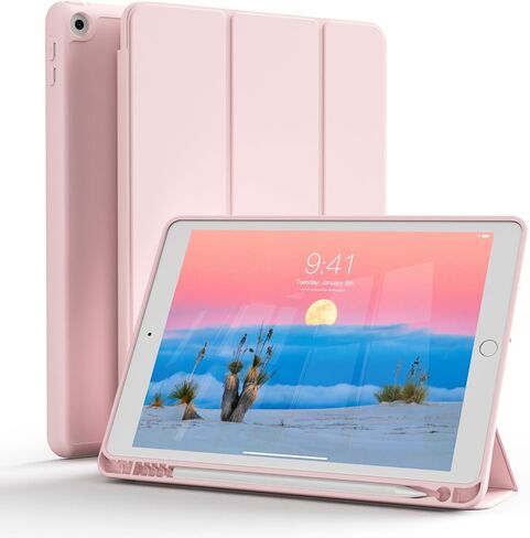 حافظة لجهاز iPad الجيل التاسع 2021، الجيل الثامن/السابع 2020/2019 لجهاز iPad 10.2 بوصة مع حامل قلم رصاص، غطاء واقٍ قابل للطي مع ظهر TPU ناعم، يدعم معرف اللمس، النوم/الاستيقاظ التلقائي، وردي in Kuwait