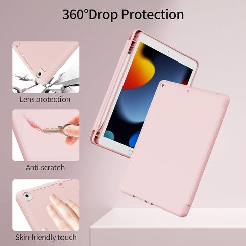 حافظة لجهاز iPad الجيل التاسع 2021، الجيل الثامن/السابع 2020/2019 لجهاز iPad 10.2 بوصة مع حامل قلم رصاص، غطاء واقٍ قابل للطي مع ظهر TPU ناعم، يدعم معرف اللمس، النوم/الاستيقاظ التلقائي، وردي in Kuwait