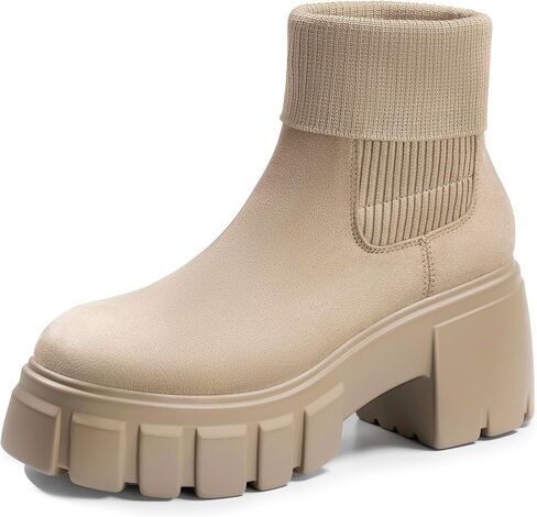 FITORY Women's Ankle Boots Comfy Chelsea Mid Heel Elastic Chunky Heel Lug Sole Booties Size 6-11 in Saudi Arabia