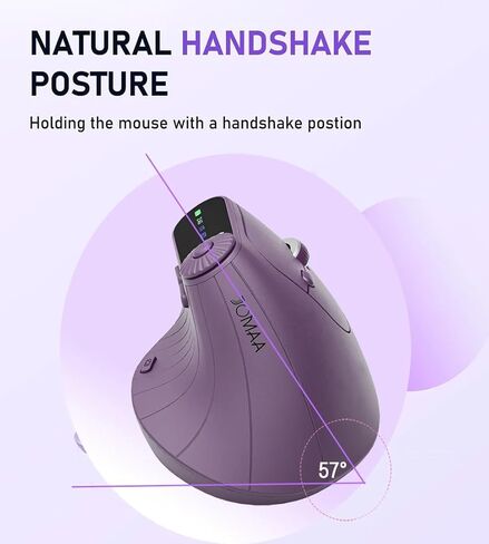 JOMAA Wireless 2.4G & Dual Bluetooth ثلاث قنوات ماوس عمودي مريح قابل للتعديل DPI، قرص دوار متعدد الوظائف للكمبيوتر الشخصي والكمبيوتر المحمول وماك بوك، قابل لإعادة الشحن (أرجواني) in Kuwait