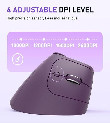 JOMAA Wireless 2.4G & Dual Bluetooth ثلاث قنوات ماوس عمودي مريح قابل للتعديل DPI، قرص دوار متعدد الوظائف للكمبيوتر الشخصي والكمبيوتر المحمول وماك بوك، قابل لإعادة الشحن (أرجواني) in Kuwait