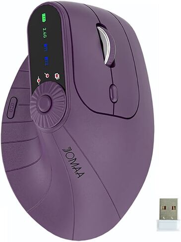 JOMAA Wireless 2.4G & Dual Bluetooth ثلاث قنوات ماوس عمودي مريح قابل للتعديل DPI، قرص دوار متعدد الوظائف للكمبيوتر الشخصي والكمبيوتر المحمول وماك بوك، قابل لإعادة الشحن (أرجواني) in Kuwait