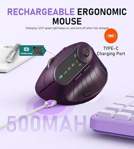 JOMAA Wireless 2.4G & Dual Bluetooth ثلاث قنوات ماوس عمودي مريح قابل للتعديل DPI، قرص دوار متعدد الوظائف للكمبيوتر الشخصي والكمبيوتر المحمول وماك بوك، قابل لإعادة الشحن (أرجواني) in Kuwait