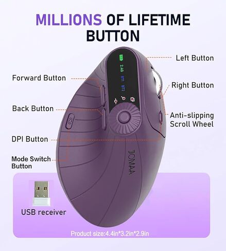 JOMAA Wireless 2.4G & Dual Bluetooth ثلاث قنوات ماوس عمودي مريح قابل للتعديل DPI، قرص دوار متعدد الوظائف للكمبيوتر الشخصي والكمبيوتر المحمول وماك بوك، قابل لإعادة الشحن (أرجواني) in Kuwait