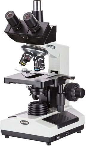 AmScope T390B-M مجهر ثلاثي العينيات مركب احترافي رقمي، تكبير 40X-2000X، عدسات WF10x وWF20x، برايتفيلد، إضاءة هالوجين، مكثف آبي، مرحلة ميكانيكية مزدوجة الطبقة، تبديل تلقائي 110 فولت - 220 فولت، يتضمن كاميرا 1.3 ميجابكسل مع in Saudi Arabia