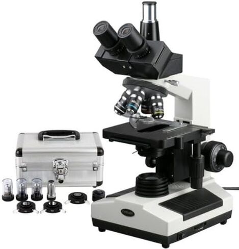 AmScope T390A-PCS مجهر ثلاثي العينيات مركب احترافي، تكبير 40X-1600X، عدسات WF10x وP16x، مجال مشرق وتباين الطور، إضاءة هالوجين، مكثف آبي، مرحلة ميكانيكية مزدوجة الطبقة، تبديل تلقائي 110 فولت - 220 فولت، يتضمن 3 فا in Saudi Arabia