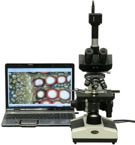 AmScope T390A-M Digital Professional Compound Trinocular Microscope, 40X-1600X Magnification, WF10x and P16x Eyepieces, Brightfield, Halogen Illumination, Abbe Condenser, Double-Layer Mechanical Stage, 110V-220V Auto-Switching, Includes 1.3MP Camera with  in Saudi Arabia