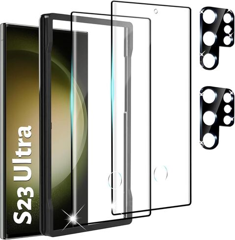 [عبوتان + 2] واقي شاشة متوافق مع هاتف Galaxy S23 Ultra 5G، 2 من الزجاج المقسى مع 2 واقي لعدسة الكاميرا، وضوح عالي، مضاد للكسر، خالٍ من الفقاعات in Kuwait