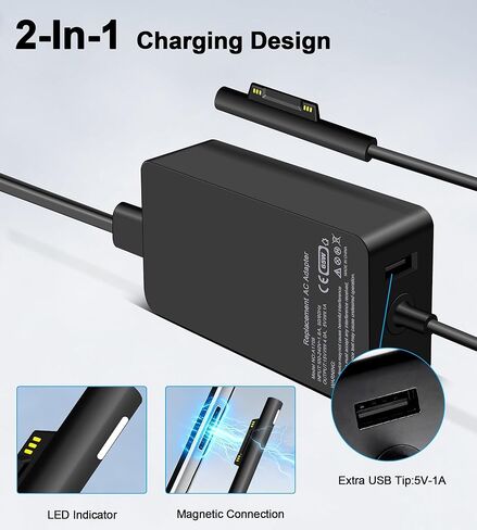 65W Surface Pro Charger Compatible with Microsoft Surface Pro 11, 10, 9, 8, 7+, 7, 6, 5, 4, 3, X, Windows Surface7/6/5/4/3/2/1/Studio, Surface Book 3/2/1,Surface Go 3/2/1 Laptop Tablet Support 44W,36W in Saudi Arabia