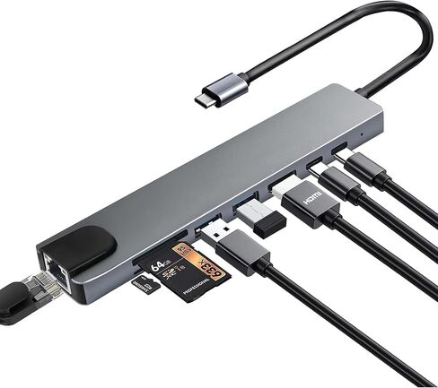 محول USB C Hub 8 في 1 متعدد المنافذ مع 4K HDMI، وشحن PD 100W، USB 3.0، ومنفذ بيانات USB-C، وRJ45 Ethernet، وقارئ بطاقة SD/TF، ​​وقاعدة إرساء لأجهزة MacBook Pro/Air، وChromebook، والكمبيوتر المحمول والأجهزة الأخرى in Kuwait