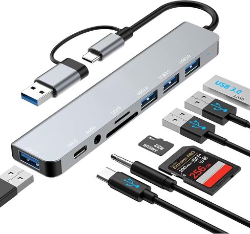 موزع USB 3.0 USB C Hub 8 في 1 مع قارئ بطاقة SD/TF، ​​ومقبس صوت 3.5 مم، ومدخل USB-A وUSB-C مزدوج، ومحول مقسم متعدد المنافذ لأجهزة MacBook Pro/Air، والكمبيوتر الشخصي، والكمبيوتر المحمول، والكمبيوتر اللوحي وغيرها من الأجهزة in Kuwait