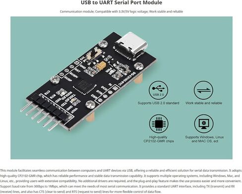 وحدة محول تسلسلي CP2102 USB إلى UART، محول USB من النوع C مع منطق 3.3 فولت/5 فولت، التوصيل والتشغيل لنظام التشغيل Windows/Mac/Linux، نقل بيانات ثابت in Kuwait