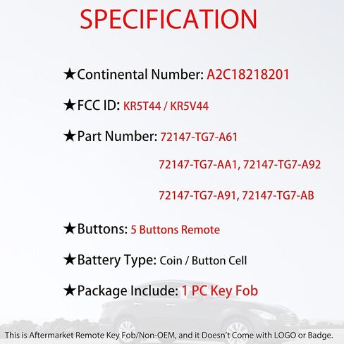MechanMagic Smart Key Fob استبدال جهاز التحكم عن بعد يناسب Honda Pilot/Pilot Elite EX-L Touring/Passport 2019 2020 2021 2022 KR5T44 / KR5V44 72147-TG7-A61 زر التحكم عن بعد للدخول بدون مفتاح in Kuwait