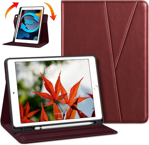 DTTO Rotating Case for iPad 9th/8th/7th Generation 10.2 Inch 2021/2020/2019, 360 Degree Swiveling Premium Leather Folio Stand Cover with Pencil Holder - Auto Wake/Sleep and Hand Strap, Black Brown in Saudi Arabia