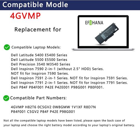 4GVMP 1V1XF RF7WM استبدال بطارية الكمبيوتر المحمول لـ Dell 5400 5410 5500 5510 3540 3550 Inspiron 7590 7591 7791 2-in-1 Series Notebook R8D7N 9JRYT X77XY C5GV2 7.6V 68Wh in Kuwait