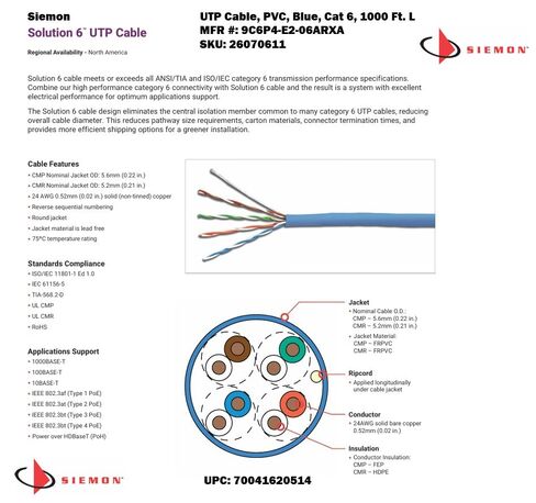 كابل Siemon Solution 6 UTP، Cat 6، سترة PVC زرقاء، 1000 قدم، 24 AWG in Kuwait