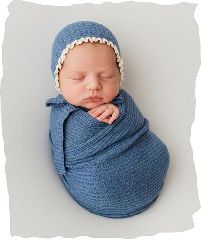Newborn Infant Boys Girls Photography Props Knitted Bonnet and Wrap Swaddle Baby Photoshoot Stretch Blanket (White) in Saudi Arabia