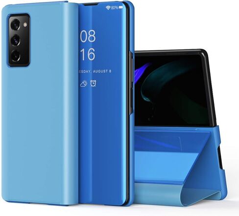 متوافق مع هاتف Samsung Galaxy Z Fold 2 5G مع مرآة رؤية، حافظة جلدية لامعة شفافة مع مسند، تصميم حامل فاخر مقاوم للصدمات باللون الأرجواني in Saudi Arabia