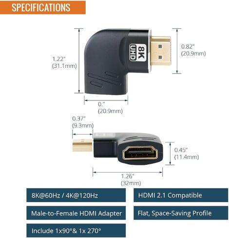محول HDMI 2.1 بزاوية قائمة مسطحة 8K من Tecmojo، محول HDMI 90 درجة و270 درجة ذكر إلى أنثى، يدعم 8K@60 هرتز / 4K@120 هرتز للتلفزيون عالي الدقة وXbox، عبوتين، أسود in Saudi Arabia