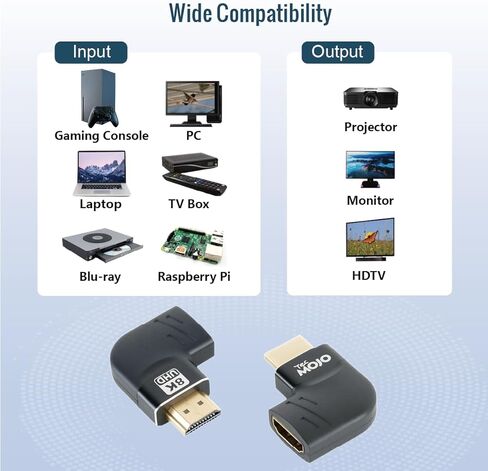 محول HDMI 2.1 بزاوية قائمة مسطحة 8K من Tecmojo، محول HDMI 90 درجة و270 درجة ذكر إلى أنثى، يدعم 8K@60 هرتز / 4K@120 هرتز للتلفزيون عالي الدقة وXbox، عبوتين، أسود in Saudi Arabia