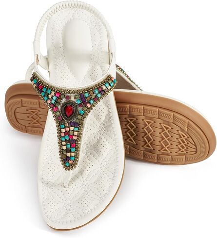 Ecetana Women's Flat Sandals Comfort Beaded Boho Summer Ankle Strap | Colorful Bohemian Beaded - Comfortable Cushioned Footbed - Ideal for Beach Travel Casual Daily Wear - Non-slip Rubber Sole in Saudi Arabia