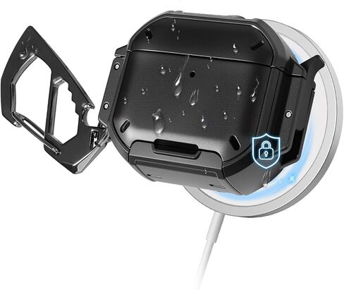 حافظة AirPods Pro 3 مع قفل وحلقة تسلق، [حماية من الدرجة العسكرية] [IP68 مقاومة للماء] [يدعم الشحن اللاسلكي] غطاء صلب مضاد للخدش لجهاز AirPods Pro الجيل الثالث، أسود in Kuwait