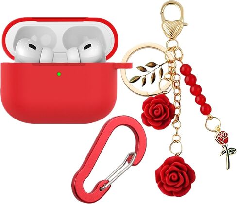 حافظة لجهاز Airpods Pro 3 مع سلسلة مفاتيح لطيفة، غطاء واقٍ من السيليكون المقاوم للصدمات زهور ساحرة لجهاز Apple Airpod Pro الجيل الثالث حافظة لشحن سماعات الرأس للنساء والفتيات (أحمر) in Kuwait