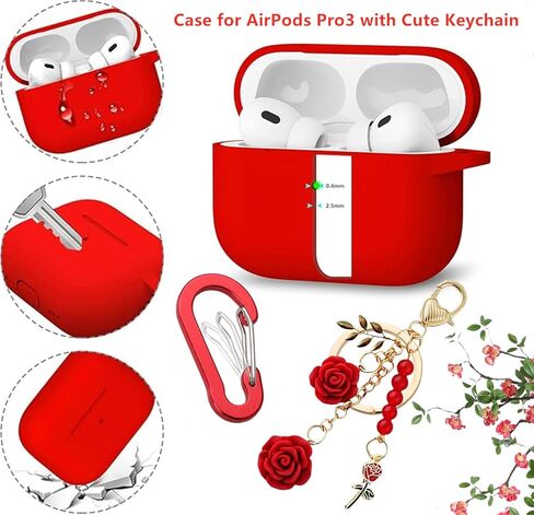 حافظة لجهاز Airpods Pro 3 مع سلسلة مفاتيح لطيفة، غطاء واقٍ من السيليكون المقاوم للصدمات زهور ساحرة لجهاز Apple Airpod Pro الجيل الثالث حافظة لشحن سماعات الرأس للنساء والفتيات (أحمر) in Kuwait